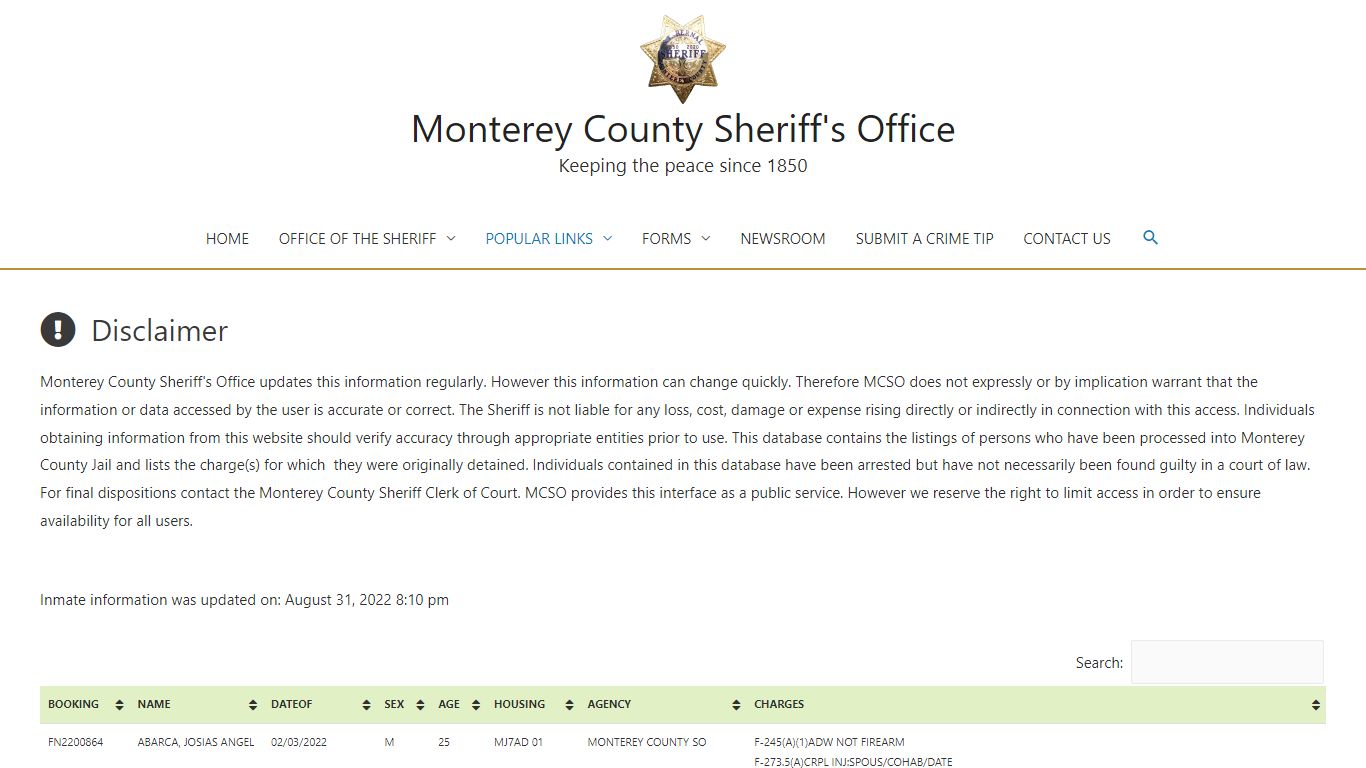 Inmate Information – Monterey County Sheriff's Office